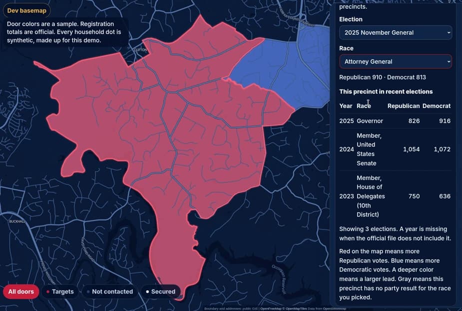 Breeze precinct map: a precinct Republicans won, shaded red